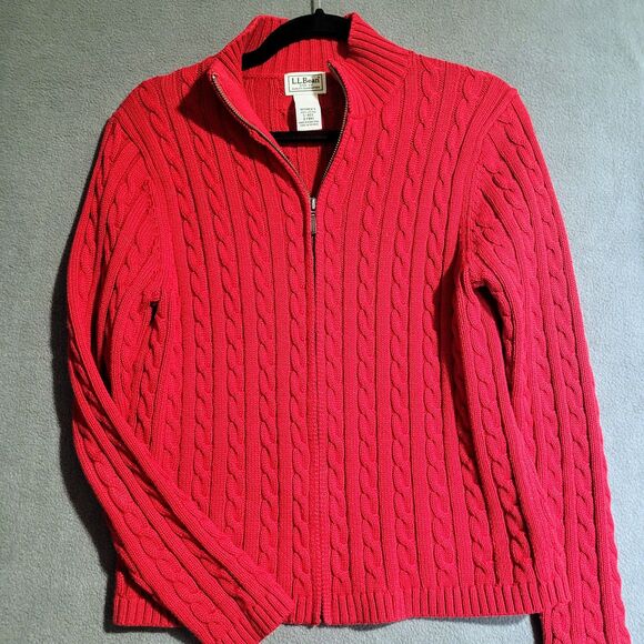 L.L. Bean Sweaters - L.L. Bean Red Cable-Knit Zip-Up Sweater Women's Small